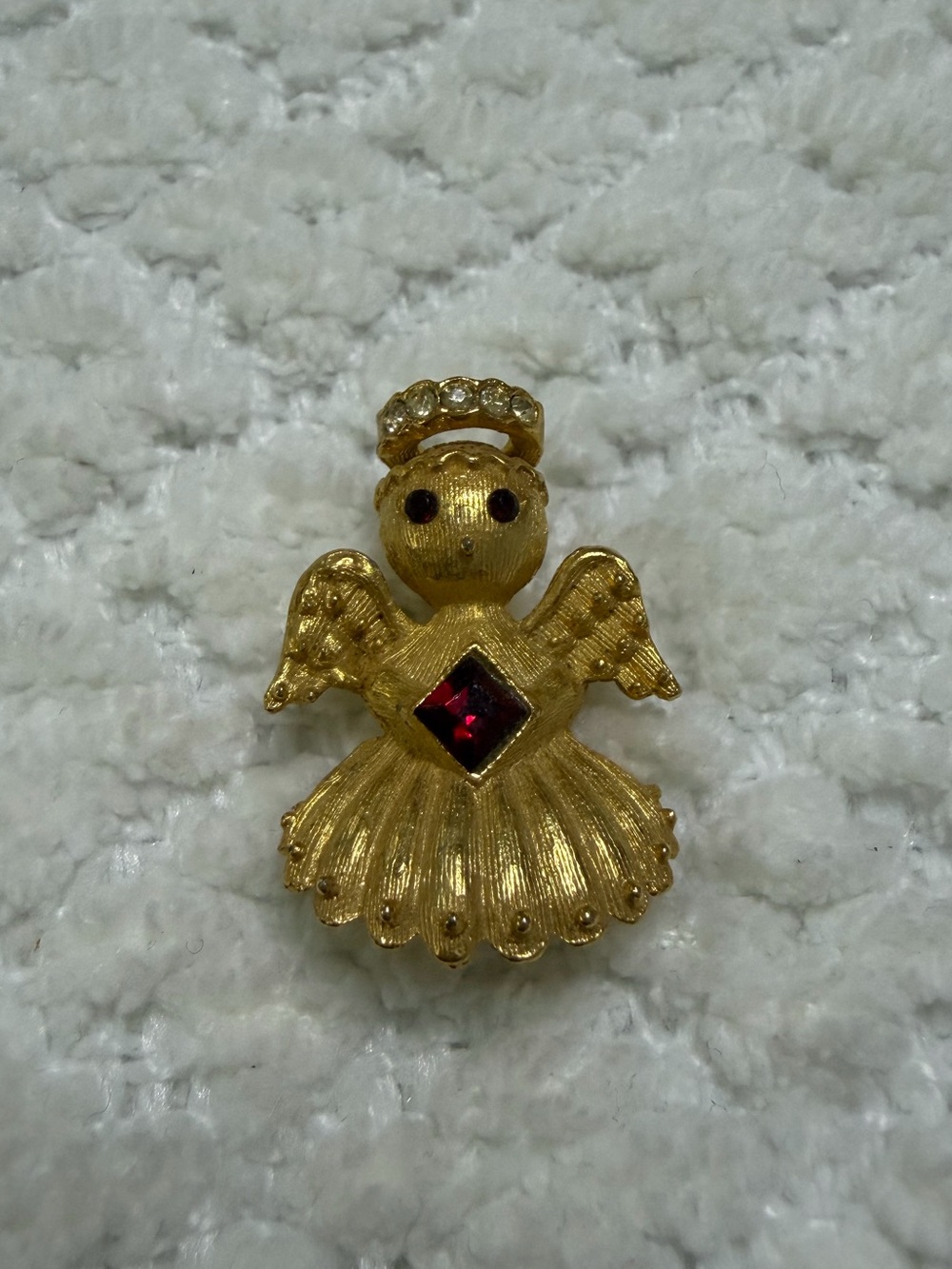 Vintage Ultra Signed Angel Brooch Pin Jeweled Textured Gold Tone